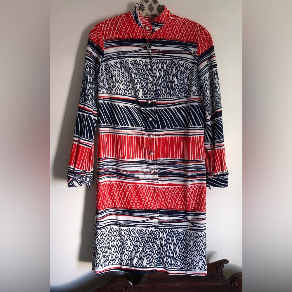DOMINO vintage red blue white button down dress